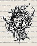 Cybersigilism knight tattoo stencil download, armored sword knight portrait with cyber sigil drip frame, clean printable PNG JPG PDF