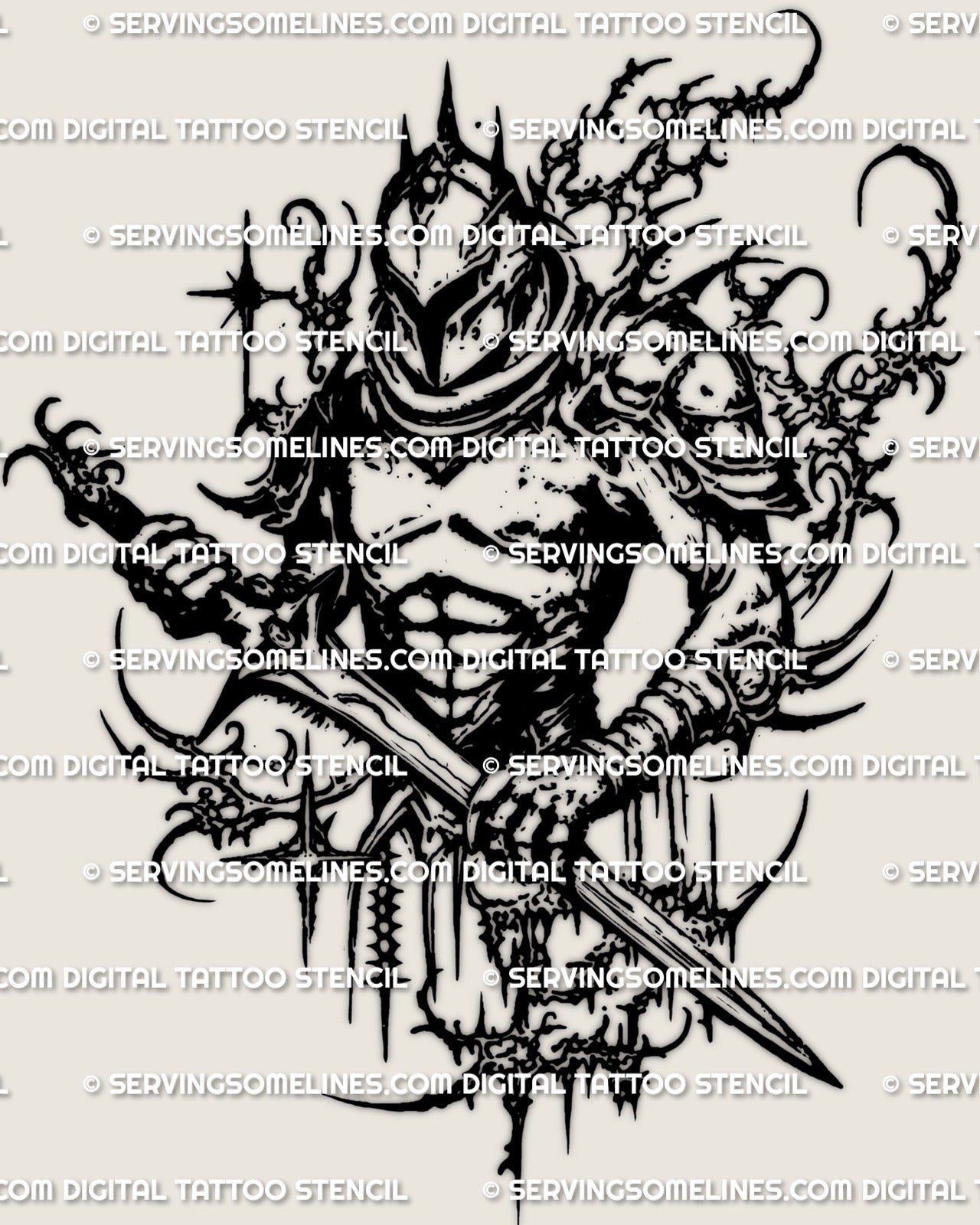 Cybersigilism knight tattoo stencil download, armored sword knight portrait with cyber sigil drip frame, clean printable PNG JPG PDF