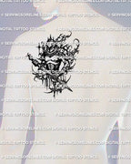 Armored knight tattoo stencil shown on mens shoulder placement preview, cybersigilism linework frame, instant download file