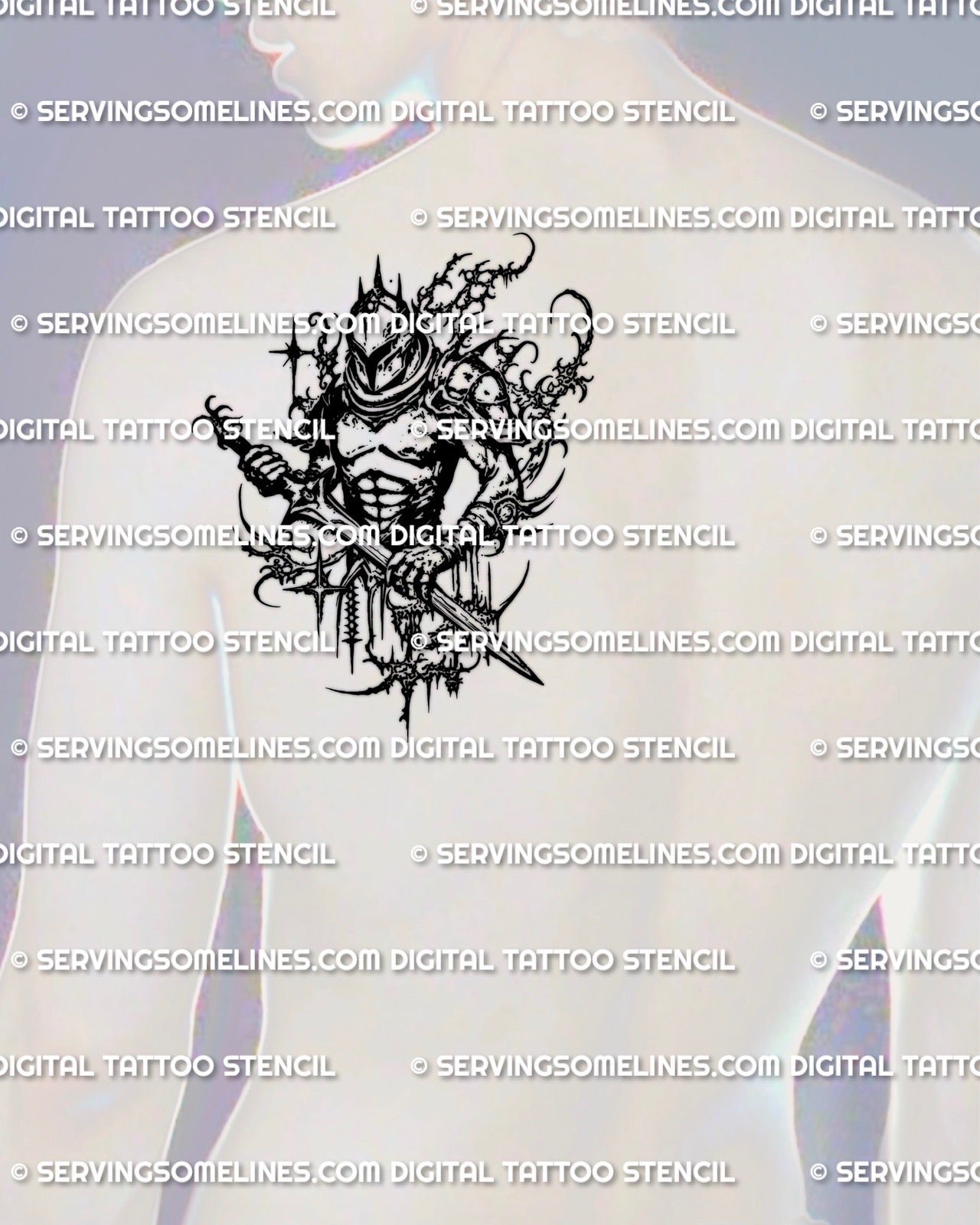 Armored knight tattoo stencil shown on mens shoulder placement preview, cybersigilism linework frame, instant download file