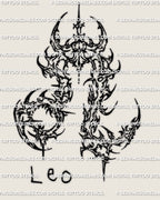 Cybersigilism Leo tattoo stencil download, sharp Leo glyph in cyber sigil linework, clean outline made for stencil printing and transfer.