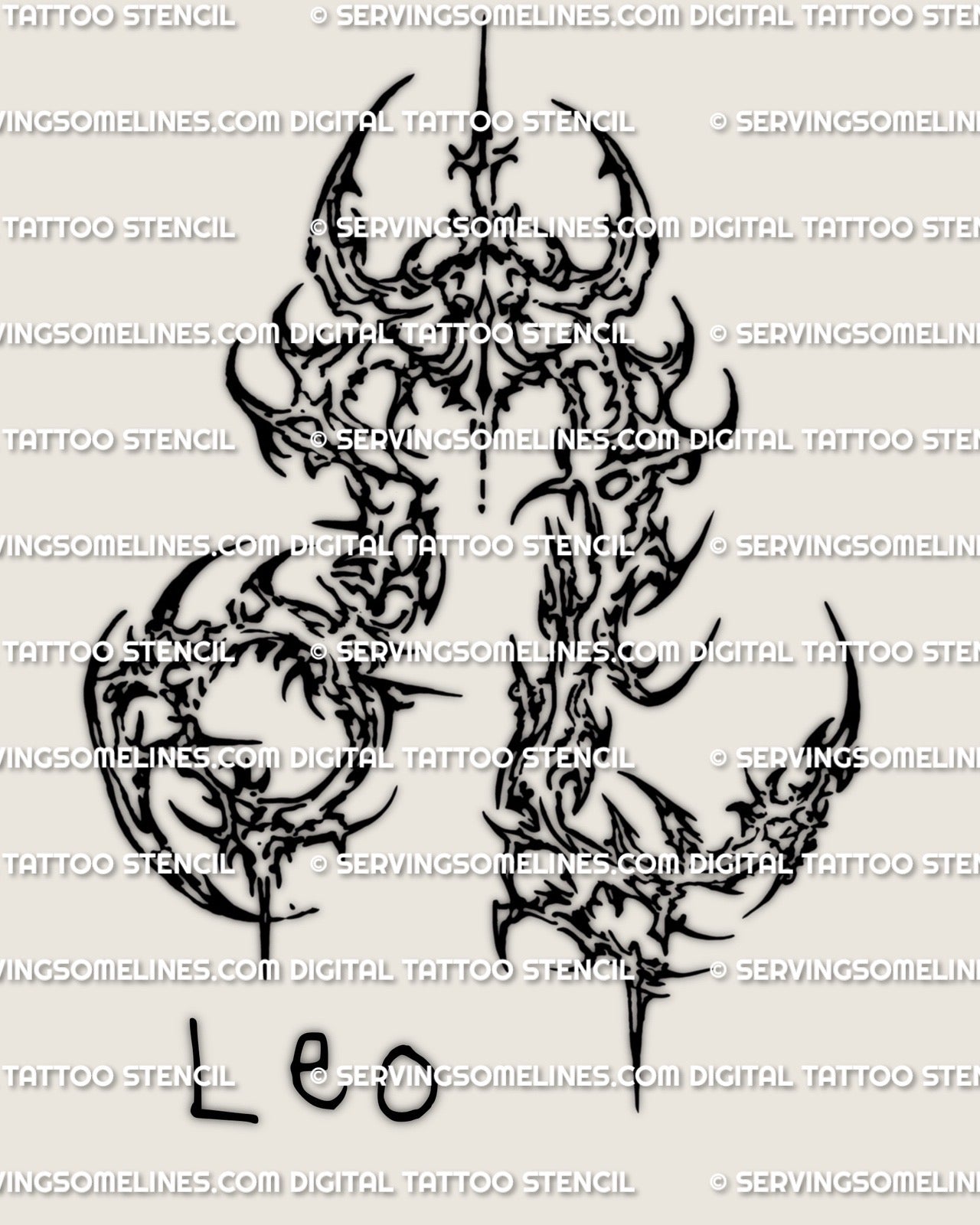 Cybersigilism Leo tattoo stencil download, sharp Leo glyph in cyber sigil linework, clean outline made for stencil printing and transfer.