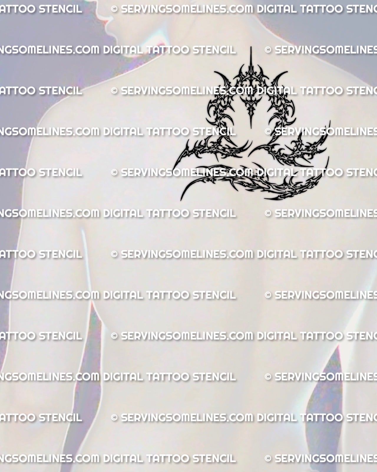Cybersigilism Libra tattoo stencil file displayed on men’s upper back placement, bold Libra glyph, clean print-ready lines.