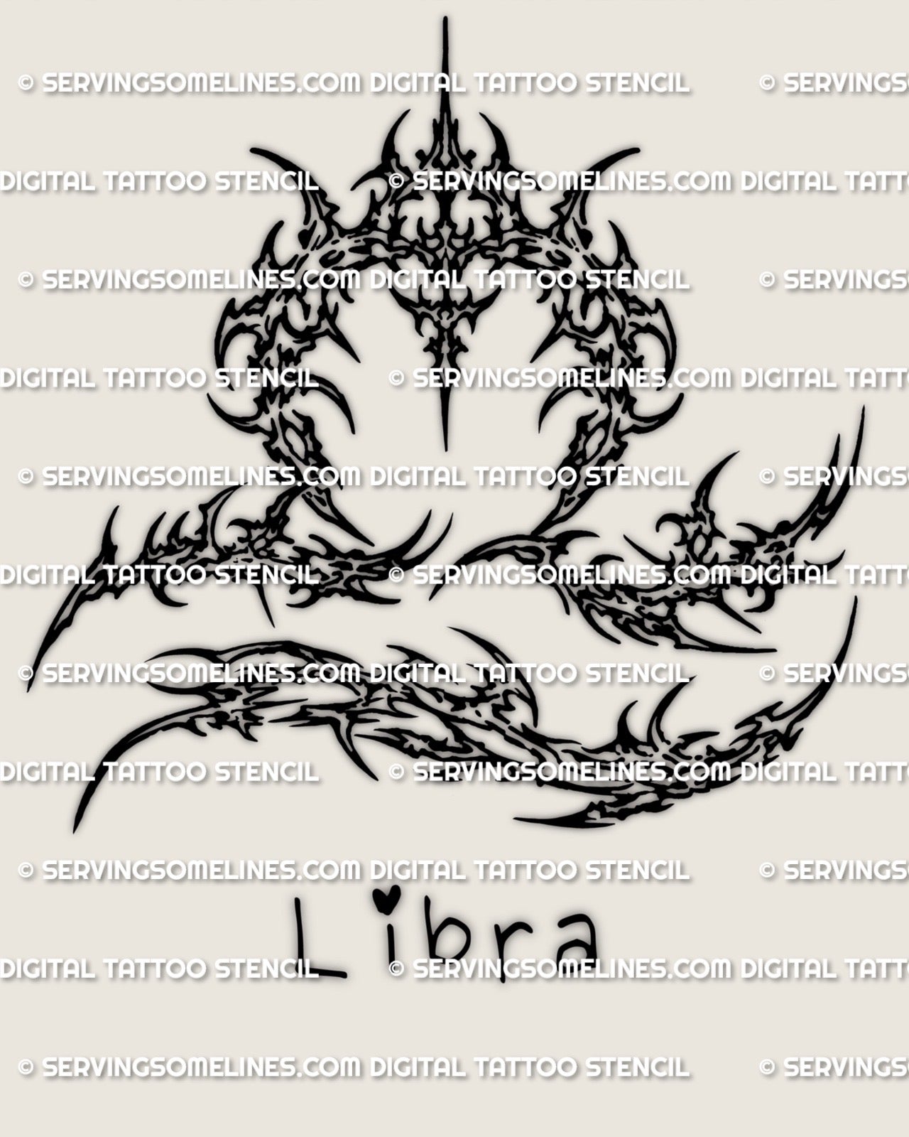 Cybersigilism Libra tattoo stencil download, Libra glyph in cyber sigil linework, clean black outline design.
