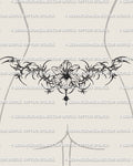 Cybersigilism lily lower back tattoo stencil shown on feminine waist placement with flower center and cyber sigil frame