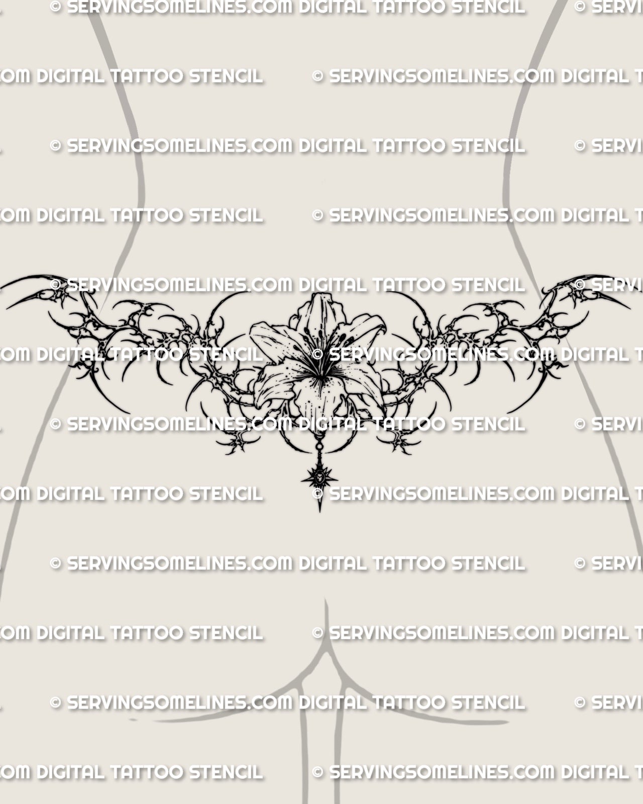 Cybersigilism lily lower back tattoo stencil shown on feminine waist placement with flower center and cyber sigil frame