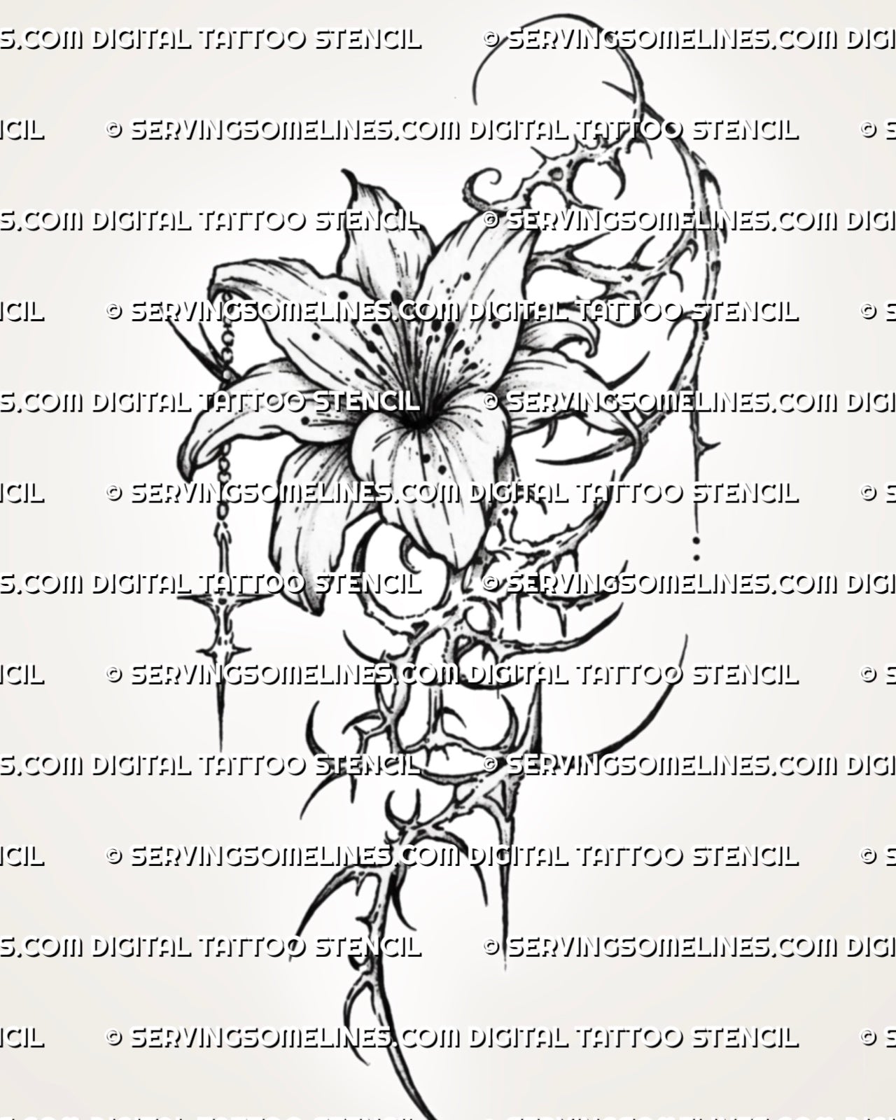 Cybersigilism lily tattoo stencil design, vertical flower tattoo with printable PNG JPG PDF files for clean transfer.
