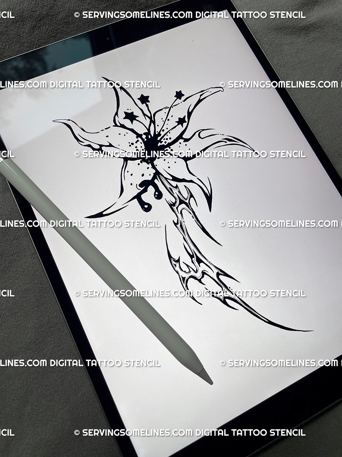 Cybersigilism lily tattoo stencil shown on iPad, neo-tribal emo-floral line art with pierced petal and gothic cyber-goth symmetry.