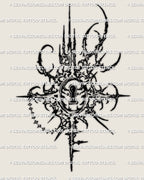 Cybersigilism lock tattoo design, spiky cybertribal lock with chain accents, high contrast stencil outline.