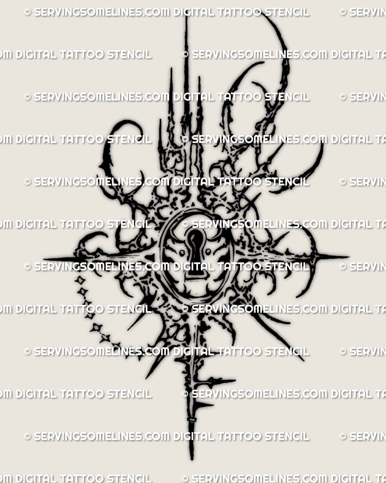 Cybersigilism lock tattoo design, spiky cybertribal lock with chain accents, high contrast stencil outline.