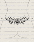 Cybersigilism lotus lower back tattoo stencil shown on feminine body mockup with layered petals and cyber frame