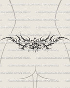 Cybersigilism lotus lower back tattoo stencil shown on feminine body mockup with layered petals and cyber frame