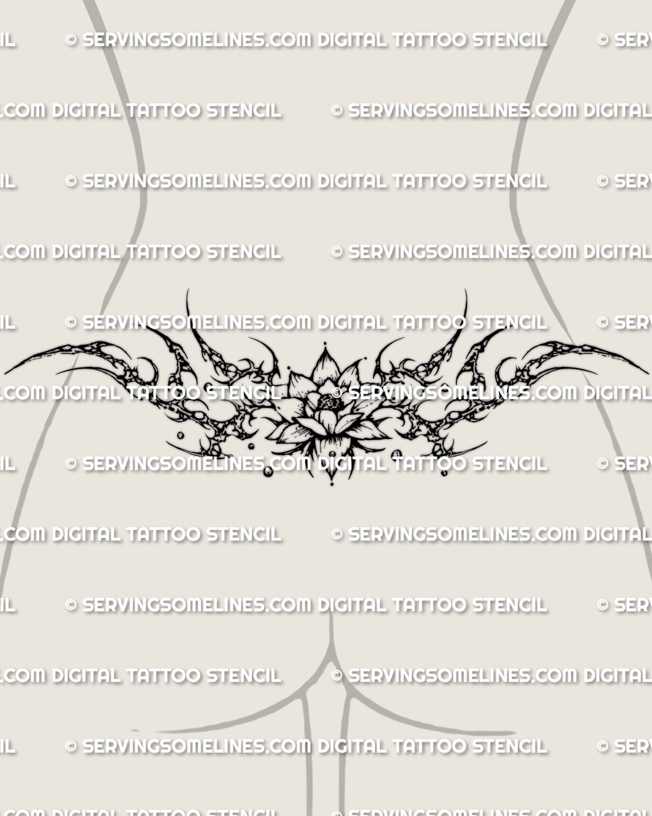 Cybersigilism lotus lower back tattoo stencil shown on feminine body mockup with layered petals and cyber frame