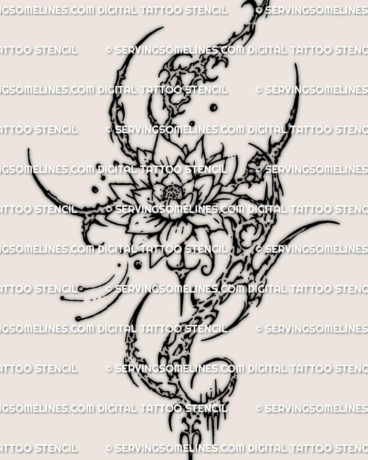 Cybersigilism lotus tattoo stencil design, single lotus flower prepared as a printable tattoo download file.