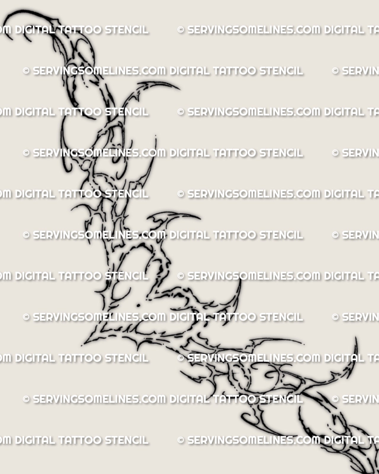 Cybersigilism tramp stamp tattoo stencil design with centered sigil detail, sharp side flares, and wide waistline flow