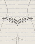 Female lower back tramp stamp mockup of a cybersigilism tattoo stencil with a mirrored abstract spread across the waist