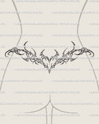 Female lower back tramp stamp mockup of a cybersigilism tattoo stencil with a mirrored abstract spread across the waist