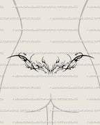 Lower back tramp stamp stencil version of cybersigilism chest design, symmetrical neotribal linework with gothic ornamental edge.