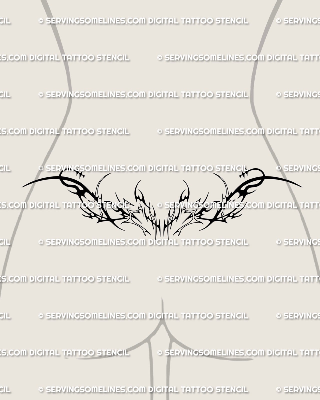 Lower back tramp stamp stencil version of cybersigilism chest design, symmetrical neotribal linework with gothic ornamental edge.