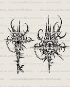 Pair preview of the matching lock tattoo and key tattoo, cybersigilism tattoo stencil set with spiky chain details.