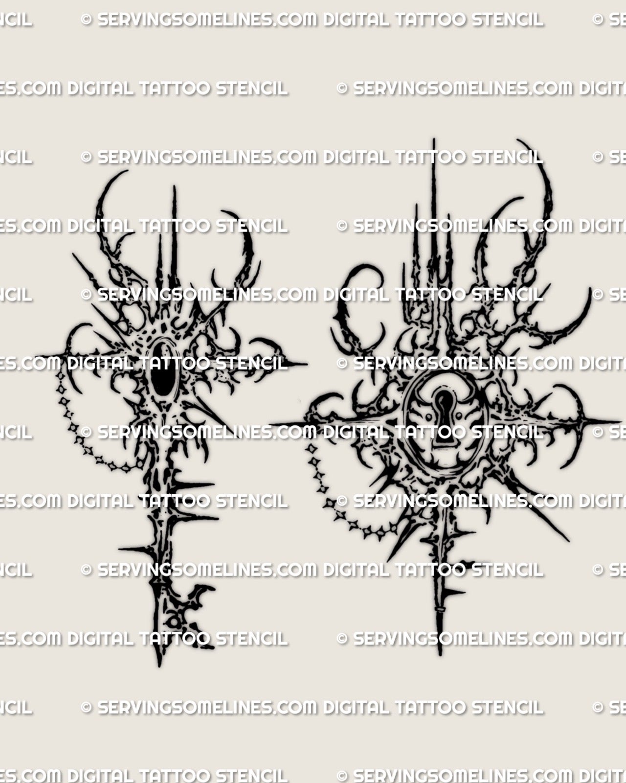 Pair preview of the matching lock tattoo and key tattoo, cybersigilism tattoo stencil set with spiky chain details.