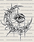 Cybersigilism moon eye tattoo stencil download, centered eye with crescent moon frame, printable PNG JPG PDF files for clean transfer.