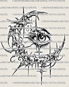 Cybersigilism moon eye tattoo stencil download, centered eye with crescent moon frame, printable PNG JPG PDF files for clean transfer.