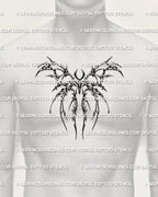 Cybersigilism moth tattoo stencil shown on mens chest center placement, modern moth emblem with sigil linework