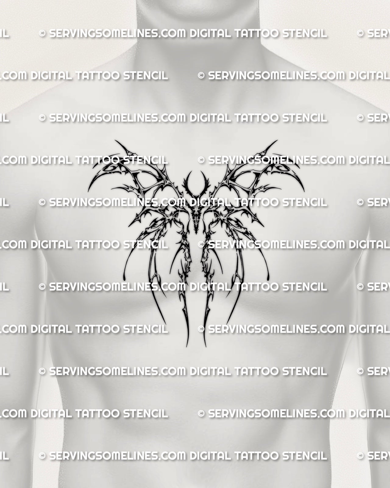 Cybersigilism moth tattoo stencil shown on mens chest center placement, modern moth emblem with sigil linework