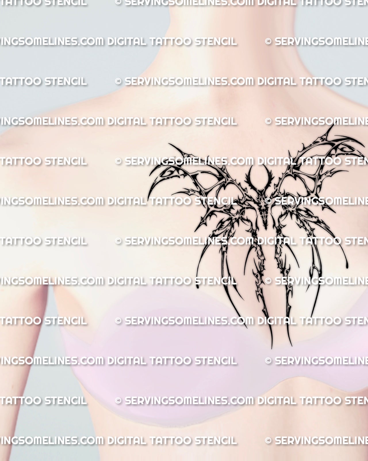 Cybersigilism moth tattoo stencil shown on womens chest center placement, clean moth silhouette with cyber flow lines