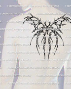 Cybersigilism moth tattoo stencil shown on mens upper back placement, bold moth emblem with sigil style interior lines