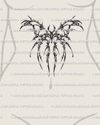 Cybersigilism moth tattoo stencil shown on womens sternum placement, vertical moth silhouette with cyber flow lines
