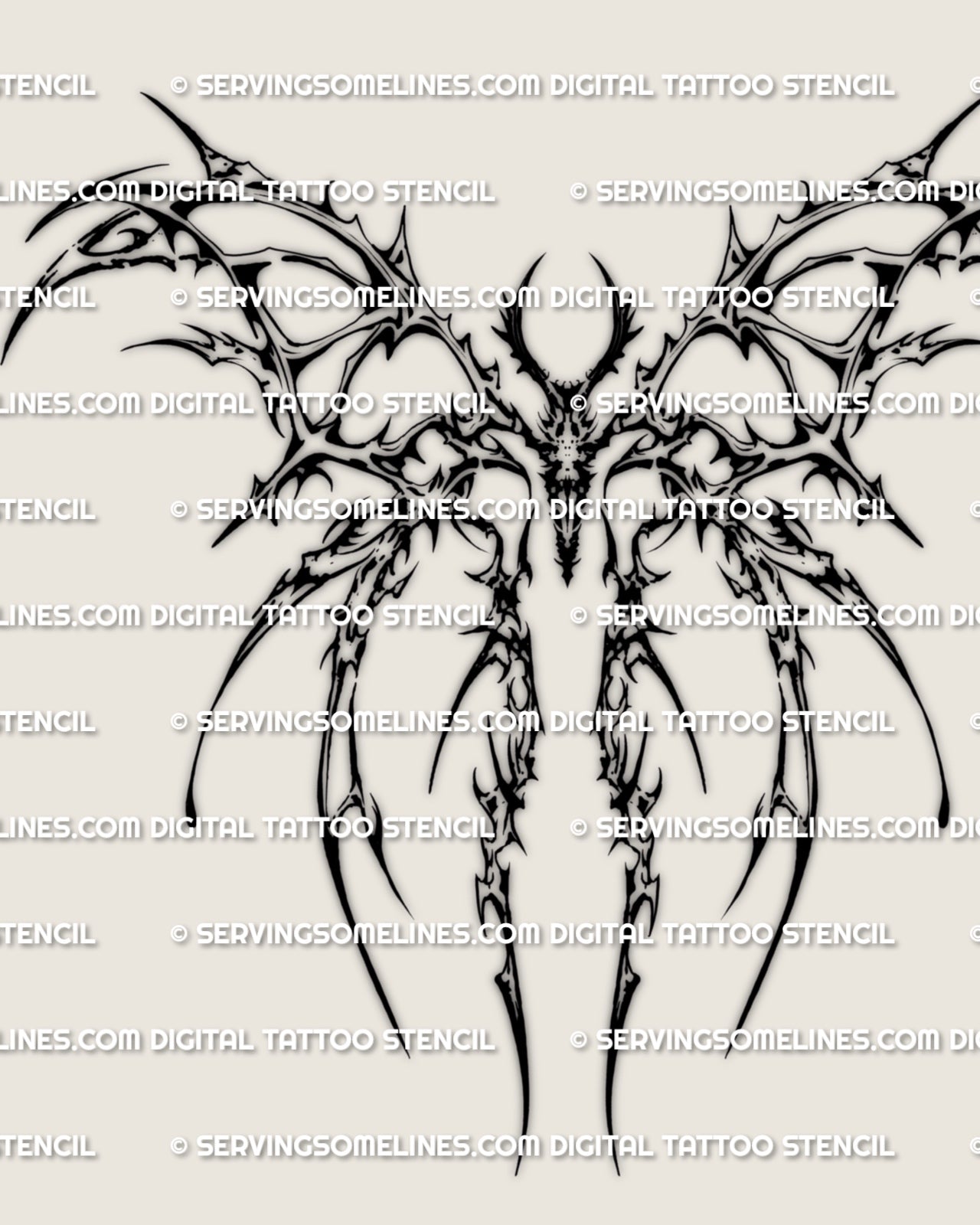Cybersigilism moth tattoo stencil design, clean moth silhouette with cyber flow linework, instant download PNG JPG PDF