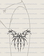 Cybersigilism moth tattoo stencil shown on feminine front thigh placement, sharp moth silhouette with cyber flow detail