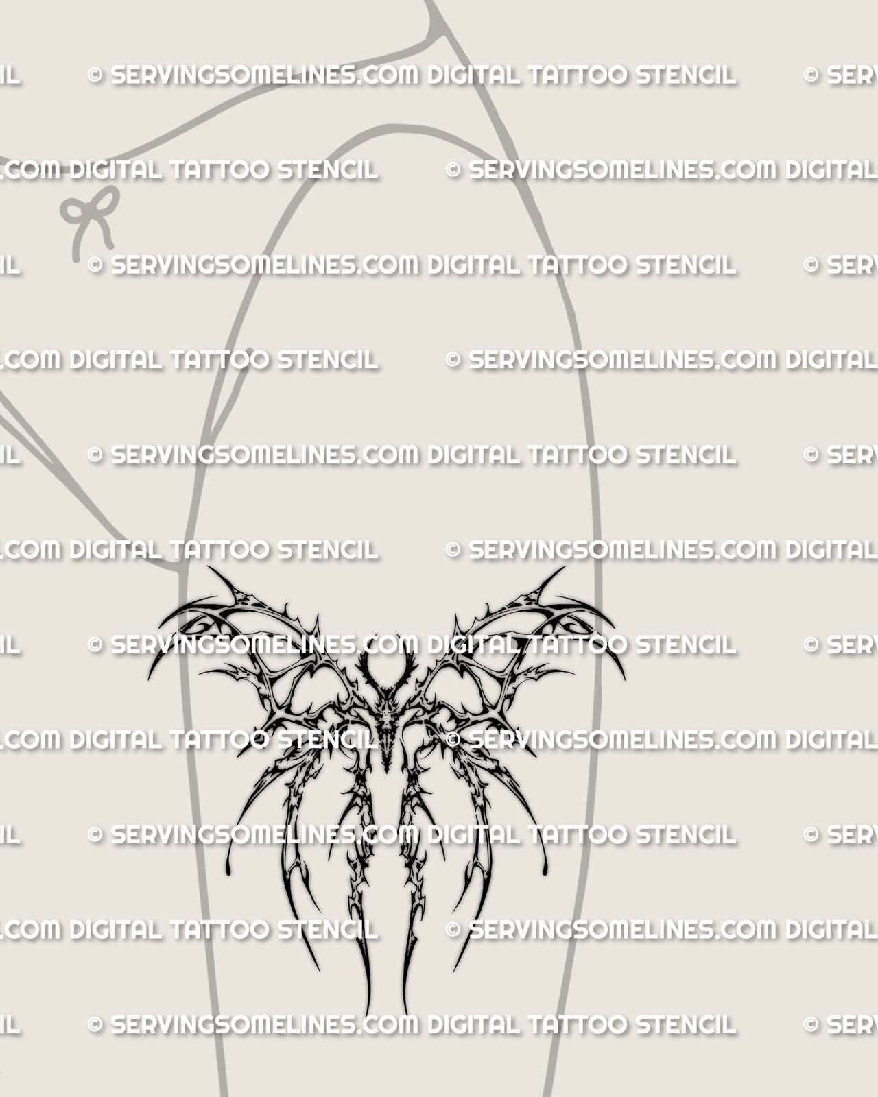 Cybersigilism moth tattoo stencil shown on feminine front thigh placement, sharp moth silhouette with cyber flow detail