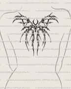 Cybersigilism moth tattoo stencil shown on feminine upper back center placement, centered moth emblem with sigil lines