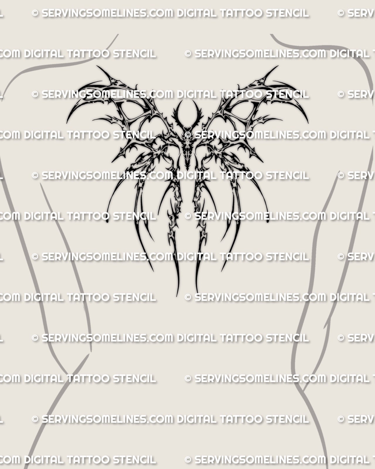 Cybersigilism moth tattoo stencil shown on feminine upper back center placement, centered moth emblem with sigil lines