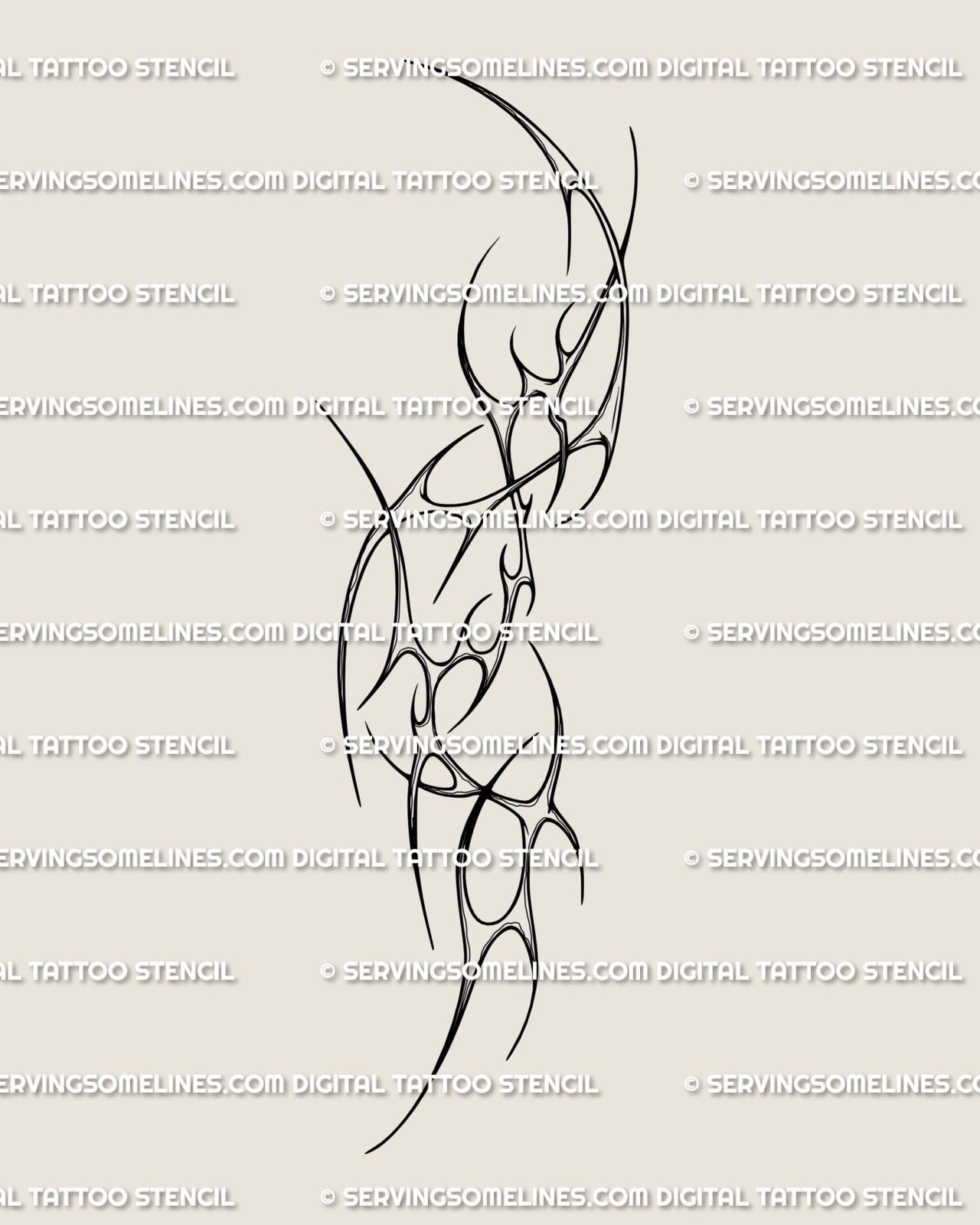 High-resolution cybersigilism neotribal tattoo stencil design, futuristic tribal sleeve pattern with clean blackwork symmetry. 