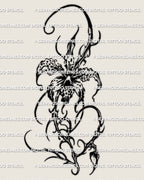Abstract orchid flower stencil with subtle cyber ornamental accents, bold petals and long tendrils, printable tattoo file.
