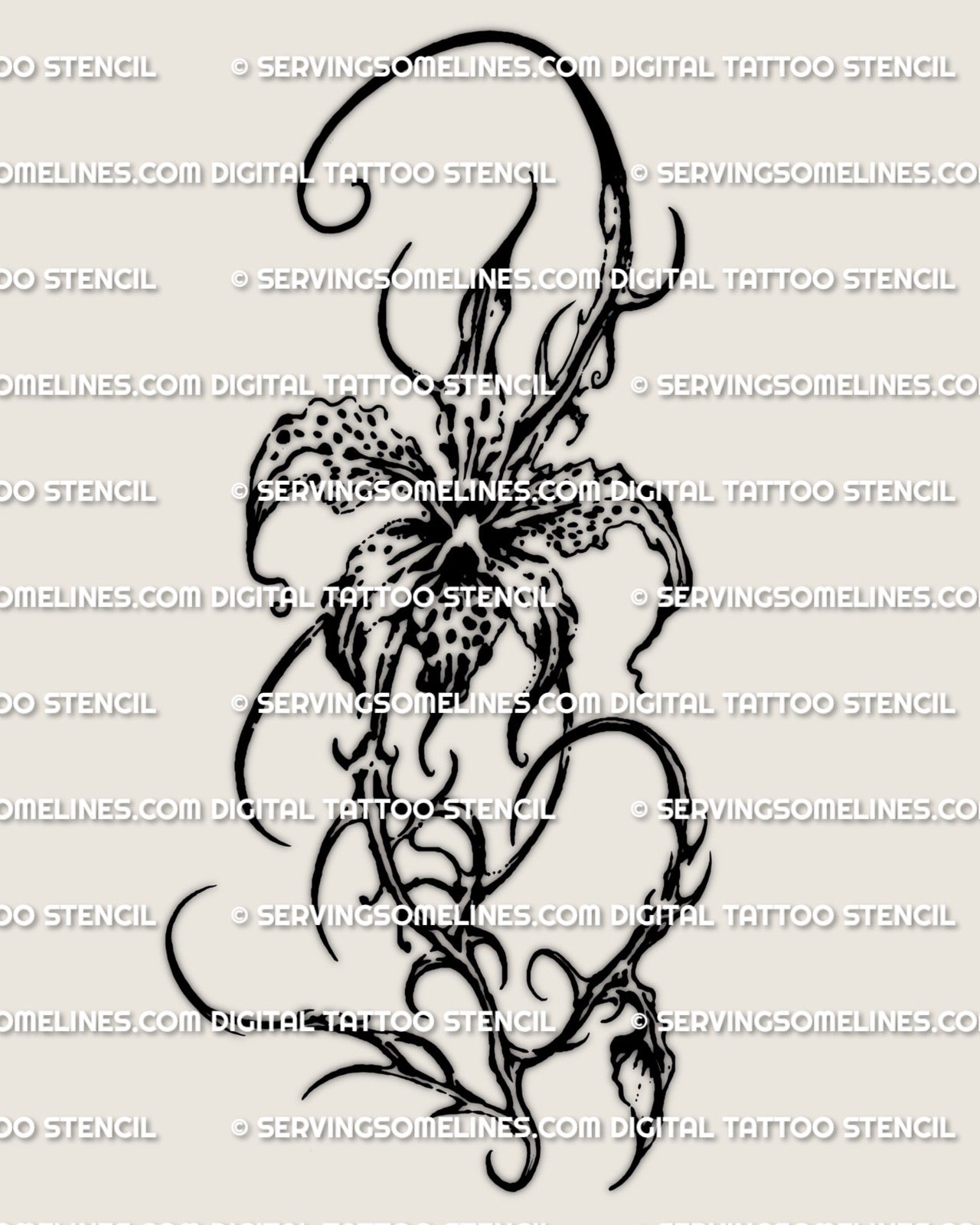Abstract orchid flower stencil with subtle cyber ornamental accents, bold petals and long tendrils, printable tattoo file.