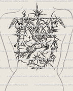 Cybersigilism Pegasus back tattoo with angel wings and gothic lineart displayed on woman’s back, large ornamental backpiece design. 