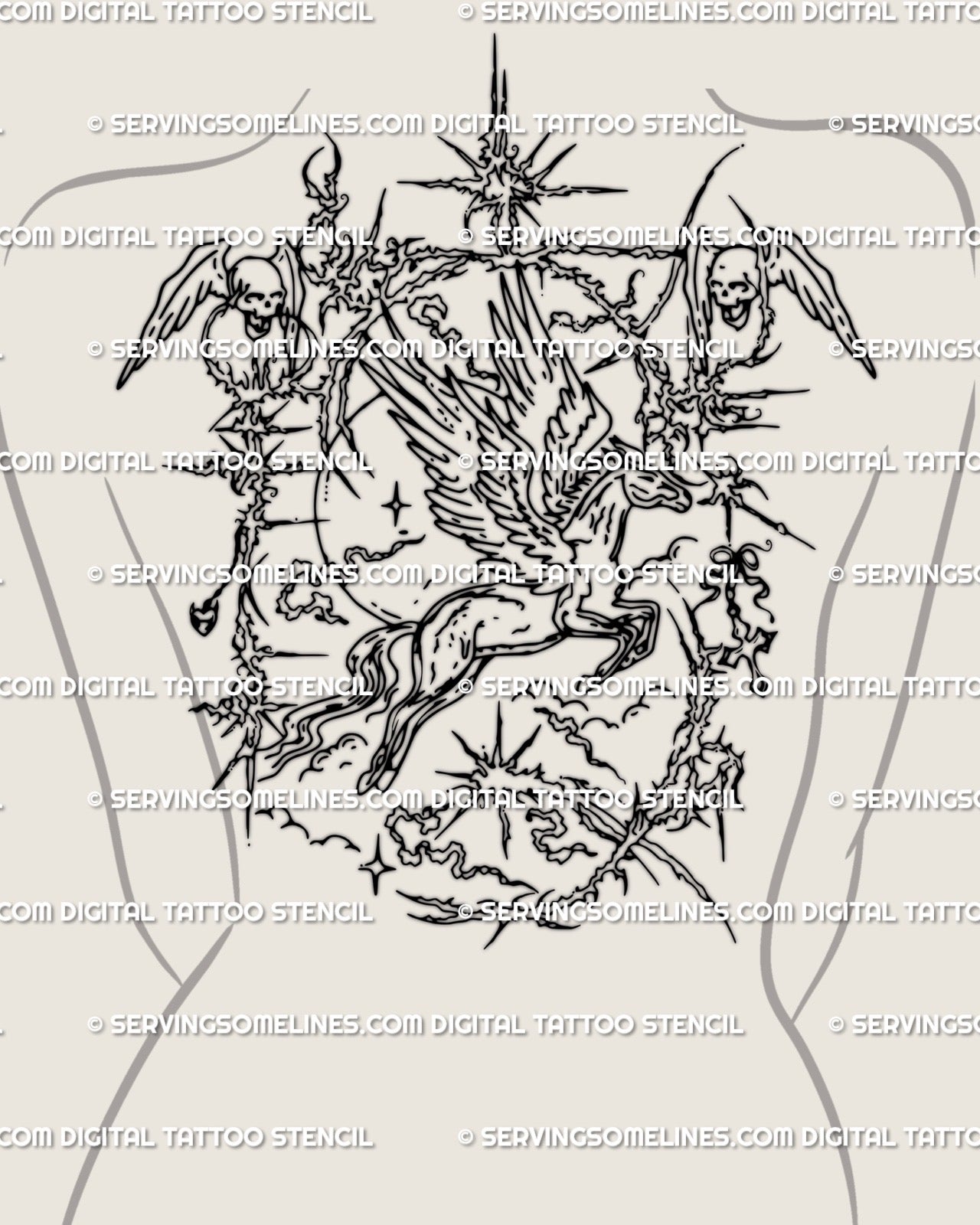 Cybersigilism Pegasus back tattoo with angel wings and gothic lineart displayed on woman’s back, large ornamental backpiece design. 