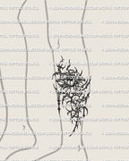 Cybersigilism peony tattoo stencil shown on calf placement preview, PNG stencil file download