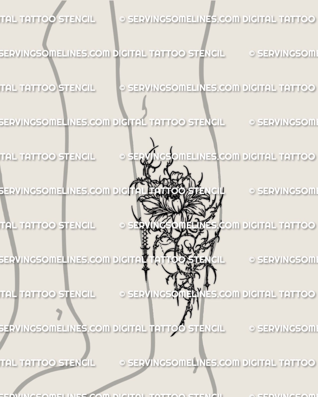 Cybersigilism peony tattoo stencil shown on calf placement preview, PNG stencil file download