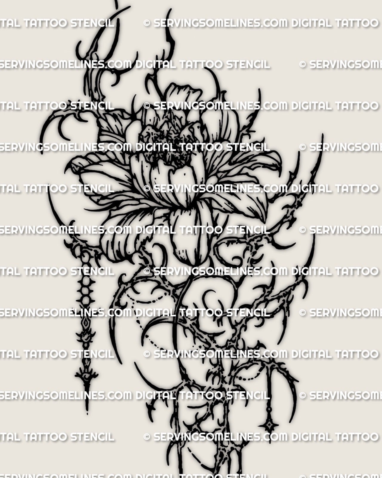 Cybersigilism peony tattoo stencil design, digital download PNG JPG PDF for stencil printing