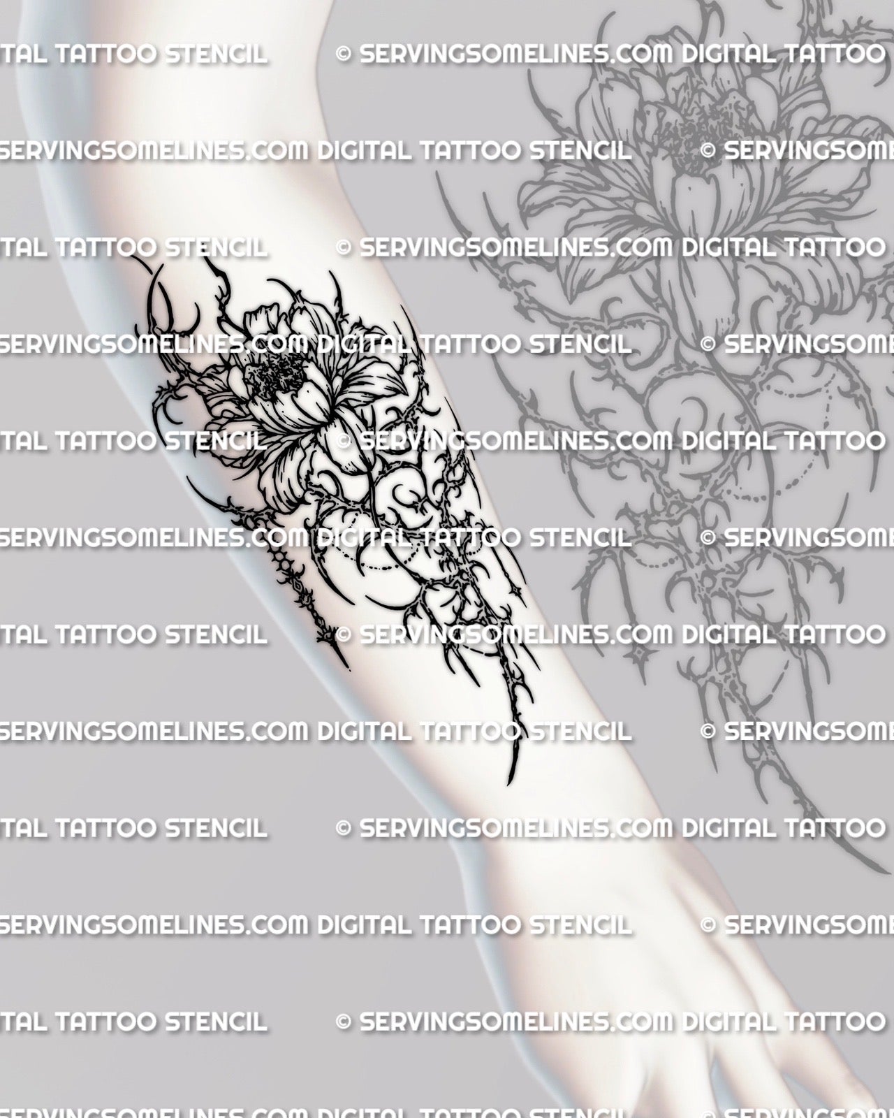 Peony flower cyber sigilism tattoo stencil shown on forearm placement preview, instant download files