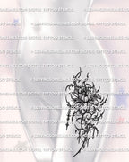 Cybersigilism peony tattoo stencil shown on feminine hip placement example, printable stencil files