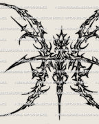 Close detail of Pisces symbol tattoo stencil with cyber sigil linework and sharp mirrored glyph strokes.