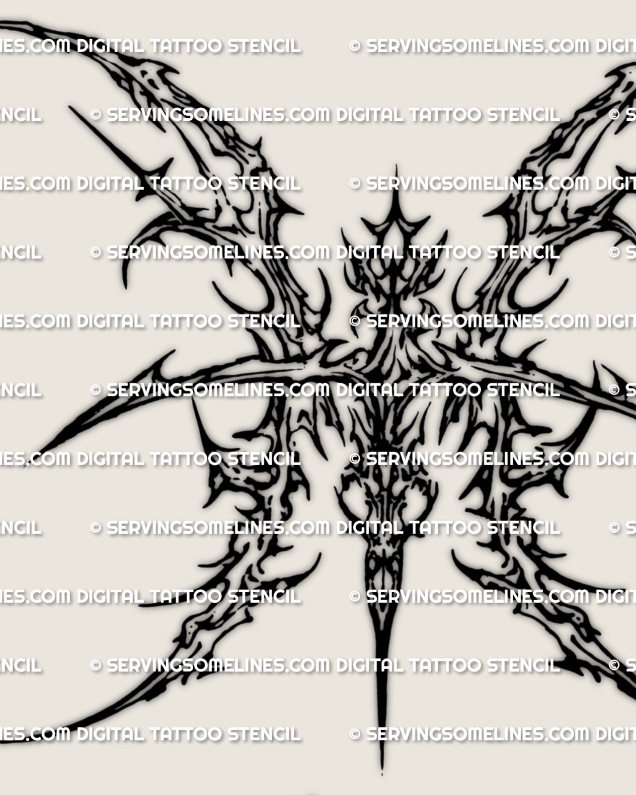 Close detail of Pisces symbol tattoo stencil with cyber sigil linework and sharp mirrored glyph strokes.