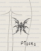 Pisces tattoo stencil shown on feminine back of thigh placement example, mirrored cybersigilism glyph symbol.